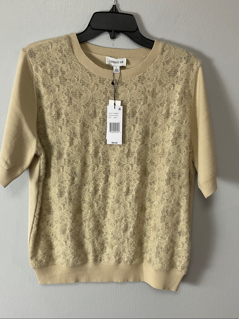 NWT Current Air LA Lace Overlay Short Sleeve Knit Top L Natural MSRP 69